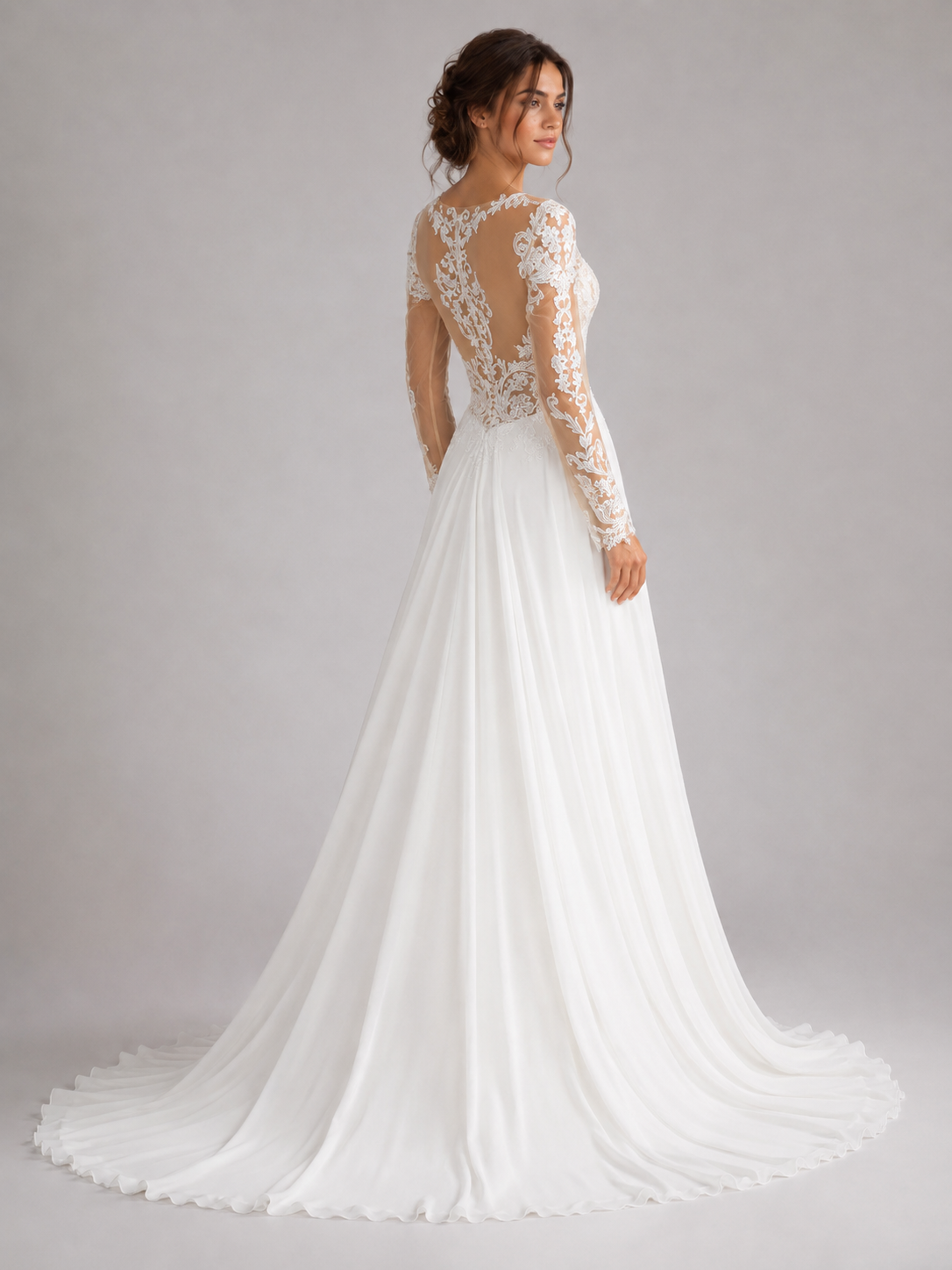 Elegant Long Sleeve Lace Illusion Chiffon A-Line Wedding Dress with Chapel Train