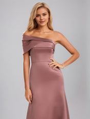 Vermilion A-Line Asymmetrical Floor-Length Satin Bridesmaid Dress