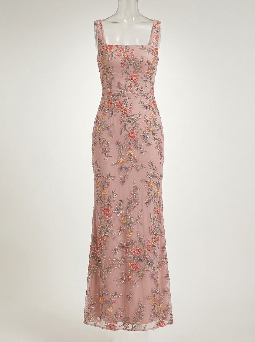 Dusty Rose Satin and Beaded Mesh Square Neck Draped Shawl Sheath Floor-Length Gown Dress