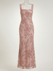 Dusty Rose Satin and Beaded Mesh Square Neck Draped Shawl Sheath Floor-Length Gown Dress