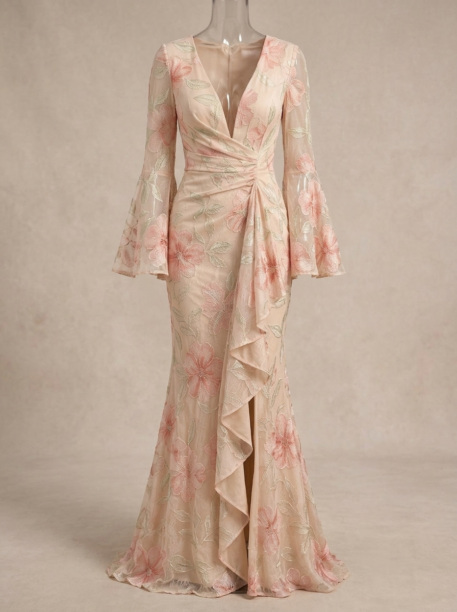 Blush Pink Floral Chiffon V-Neck Ruffled High-Slit Mermaid Floor-Length Gown Dress