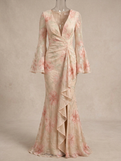 Blush Pink Floral Chiffon V-Neck Ruffled High-Slit Mermaid Floor-Length Gown Dress