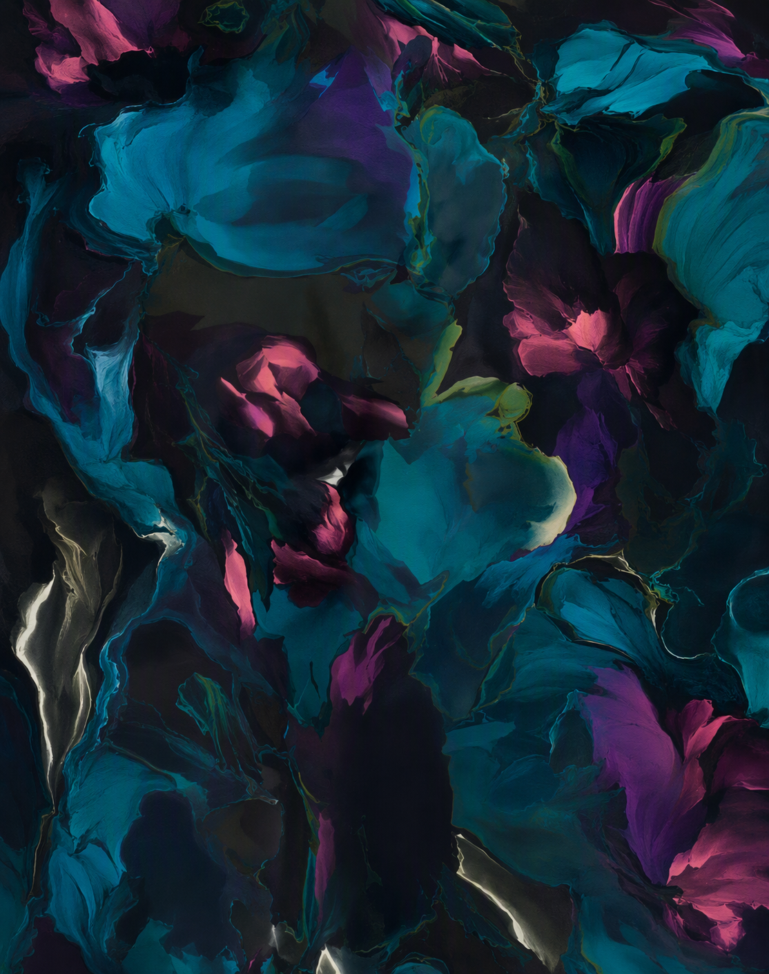 Dark Teal and Magenta Abstract Floral Chiffon Boat Neck Sheath Floor-Length Gown Dress