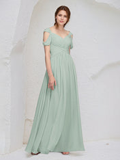Sage Chiffon A Line V Neck Sleeveless Floor Length Pleated Bridesmaid Dress