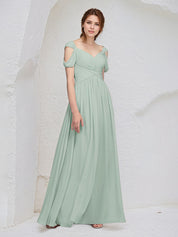 Sage Chiffon A Line V Neck Sleeveless Floor Length Pleated Bridesmaid Dress
