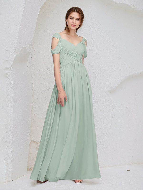Sage Chiffon A Line V Neck Sleeveless Floor Length Pleated Bridesmaid Dress