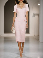 Pink Tweed V Neck Short Sleeve Sheath Midi Dress