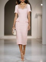 Pink Tweed V Neck Short Sleeve Sheath Midi Dress
