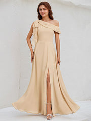 Champagne Chiffon A Line One Shoulder Sleeveless Floor Length Bridesmaid Dress