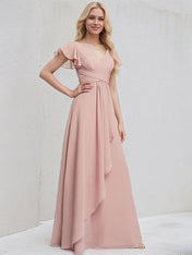 Dusty Rose Chiffon A Line V Neck Ruffle Sleeves Floor Length Bridesmaid Dress