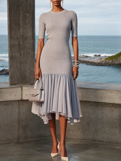 Gray Asymmetric Knit Crew Neck Half Sleeve Mermaid Midi Dress