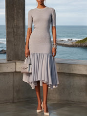Gray Asymmetric Knit Crew Neck Half Sleeve Mermaid Midi Dress