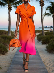 Orange Red Classic Lapel Collar Short Sleeve A-Line Midi Dress