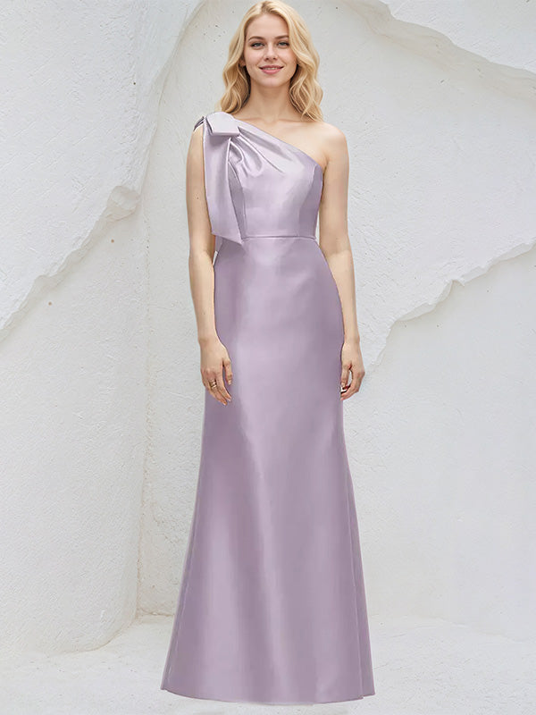 Lilac Sheath/Column One Shoulder Sleeveless Floor Length Satin Bridesmaid Dresses