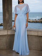 Light Blue Ruched Chiffon Crew Neck Short Sleeve A-Line Maxi Dress