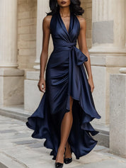 Midnight Elegance Satin Halter Ruffle Gown