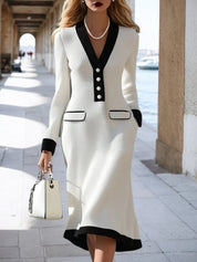 High-End And Elegant Black Edge White Knitted Midi Dress