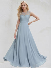 Dusty Blue Chiffon A Line Scoop Sleeveless Floor Length Bridesmaid Dress With Appliques