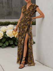 Brown Floral Wrap Dress V Neck Sleeveless A-Line Maxi Dress