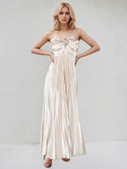 Champagne A Line Satin Spaghetti Straps Sleeveless Floor Length Dress With 3D Flower