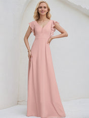 Dusty Rose Chiffon A Line V Neck Floor Length Bridesmaid Dress With Ruffles