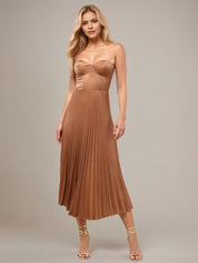 Light Brown Satin A Line Sweetheart Sleeveless Tea Length Bridesmaid Dress