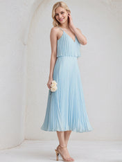 Sky Blue A-Line V-Neck Tea-Length Chiffon Cocktail Dress With Pleated