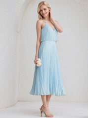 Sky Blue A-Line V-Neck Tea-Length Chiffon Cocktail Dress With Pleated