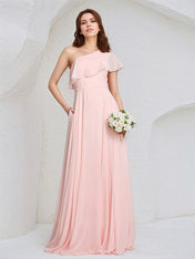 Pink Chiffon A-Line One Shoulder Floor-Length Sleeveless Bridesmaid Dress With Ruffles