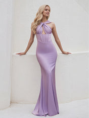 Lilac Satin Trumpet/Mermaid Halter Neck Floor Length Bridesmaid Dress