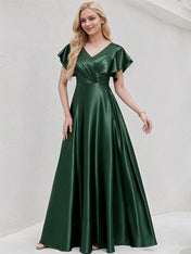 Green Satin A Line V Neck Floor Length Bridesmaid Dress With Ruffle