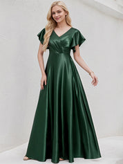 Green Satin A Line V Neck Floor Length Bridesmaid Dress With Ruffle