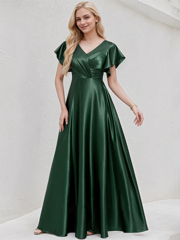 Green Satin A Line V Neck Floor Length Bridesmaid Dress With Ruffle