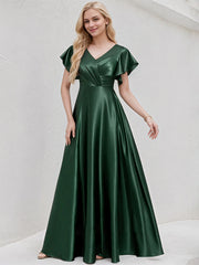 Green Satin A Line V Neck Floor Length Bridesmaid Dress With Ruffle