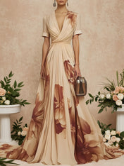 Beige Floral Chiffon V Neck Short Sleeve A-Line Gown Dress