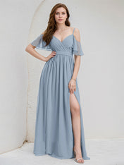 Dusty Blue Chiffon A Line Spaghetti Straps Ruffle Sleeves Floor Length Bridesmaid Dress