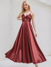 Rosewood Satin A Line V Neck Sleeveless Floor Length Bridesmaid Dress