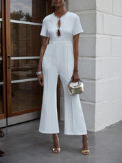 Women White Cut Out Short Sleeve Rheinstone Wide-Leg Jumpsuit