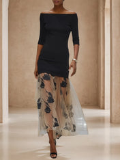 Black Flocked Knit Off The Shoulder Half Sleeve Mermaid Midi Jersey Dress