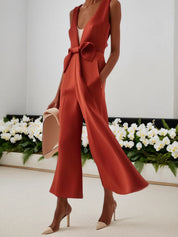 Women Red Sleeveless V Neck Bow Wide-Leg Jumpsuit