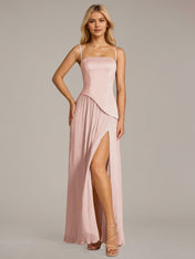 A Line Satin Off The Shoulder Sleeveless Floor Length Dress