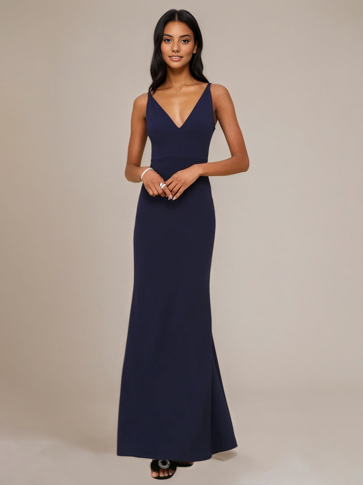 Dark Navy Sheath/Column Stretch Crepe V Neck Sleeveless Floor Length Dresses