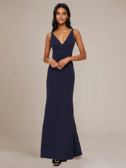 Dark Navy Sheath/Column Stretch Crepe V Neck Sleeveless Floor Length Dresses