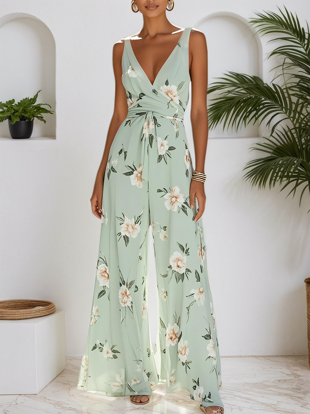 Light Green Floral V Neck Regular Fit Chiffon Jumpsuit
