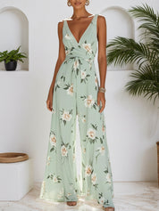 Light Green Floral V Neck Regular Fit Chiffon Jumpsuit
