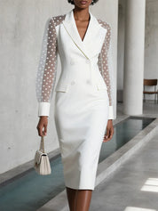 White Buckle Blazer Peaked Lapel Collar Long Sleeve Sheath Midi Dress