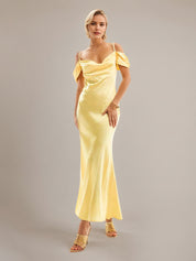 Yellow Sheath/Column Satin Spaghetti Straps Sleeveless Ankle Length Dresses