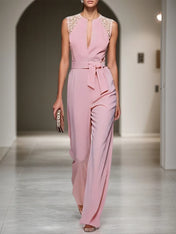 Women Pink Lace V Neck Sleeveless Dressy Jumpsuit