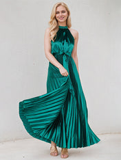 Peacock A Line Satin Halter Neck Sleeveless Floor Length Dress