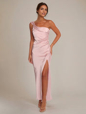 Pale Pink Satin Sheath/Column One Shoulder Ankle Length Bridesmaid Dresses